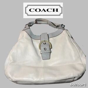 COACH Pale Ivory with Gray Leather trim shoulder bag. Silver tone hardware HUGE
